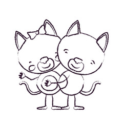 blurred sketch contour caricature with couple of cats embraced vector illustration
