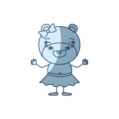 blue color shading silhouette caricature of cute expression female hippo in skirt with bow lace smiling vector illustration