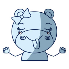 blue color shading silhouette caricature half body of female hippo in skirt with bow lace and sticking out tongue expression vector illustration