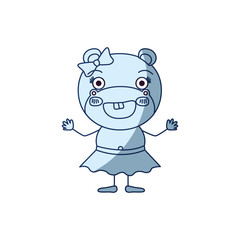 blue color shading silhouette caricature of excited expression female hippo in skirt with bow lace smiling vector illustration