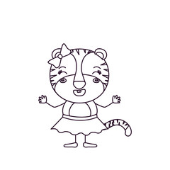 sketch silhouette caricature of female tigress in skirt with bow lace and smiling expression vector illustration