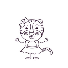 sketch silhouette caricature of female tigress in skirt with bow lace and smiling expression vector illustration