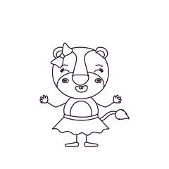 sketch silhouette caricature of female lioness in skirt with bow lace and smiling expression and closed eyes vector illustration