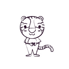 blurred silhouette caricature of cute tiger tranquility expression in pants vector illustration