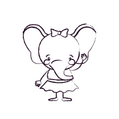 blurred silhouette caricature of cute expression female elephant in skirt with bow lace with waving hand vector illustration