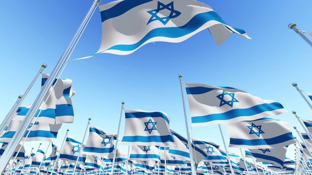 Many flags of Israel on flagpoles waving on the wind against clear blue sky. Three dimensional rendering 3D animation.