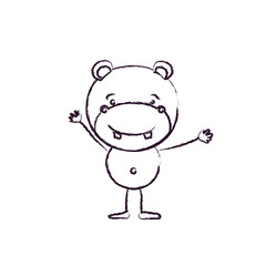 blurred silhouette caricature of cute hippo happiness expression with hands up vector illustration