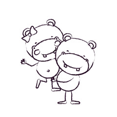 blurred sketch contour caricature with couple of hippos one carrying the other cute animals love vector illustration