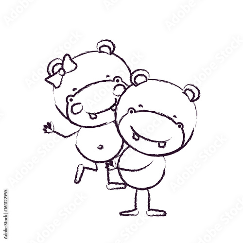 Blurred Sketch Contour Caricature With Couple Of Hippos One Carrying The Other Cute Animals Love Vector