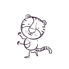 blurred sketch contour caricature with cute tiger dancing vector illustration