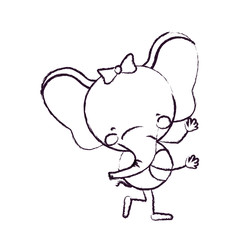 blurred sketch contour caricature of cute expression female elephant in dance pose with bow lace vector illustration