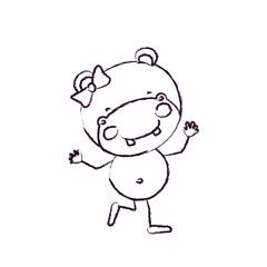 blurred sketch contour caricature of cute expression female hippo in dance pose with bow lace vector illustration