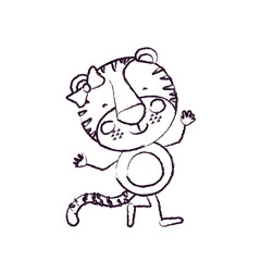 blurred sketch contour caricature of cute expression female tigress in dance pose with bow lace vector illustration