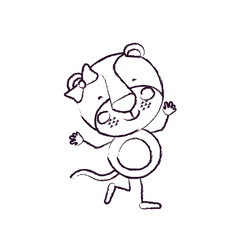 blurred sketch contour caricature of cute expression female lioness in dance pose with bow lace vector illustration