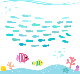 かわいい魚の群れと海底の風景