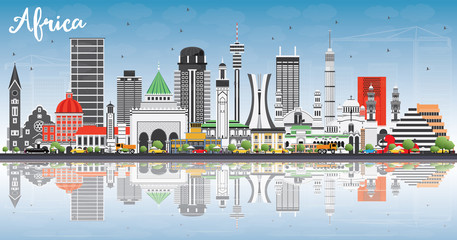 Obraz premium Afryka Skyline ze słynnymi zabytkami i odbiciami.