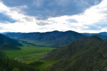 Green mountains of Chike-Taman pass. Chuya Highway (R256, M52), Altai Republic, Siberia, Russia.