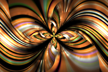 Exotic flower with textured petals on black background. Abstract asymmetrical floral design in orange, yellow and green colors. Fantasy fractal art. 3D rendering.