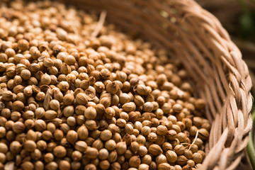 Coriander seeds on a wood background