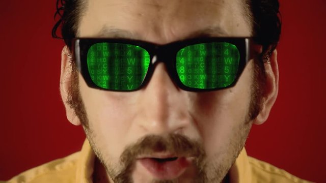 A funny ugly man with hypnotic glasses, looking at code rain (random computer symbols falling down), a popular sci-fi movie effect.
