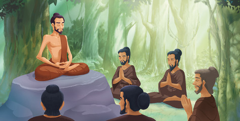 Illustration - Siddhartha practiced the extreme forms of asceticism with the support of five monks