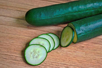 Closeup of cucumbers on a wooden table