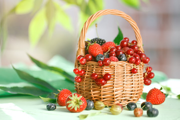 Ripe berries in a basket on a wooden table.