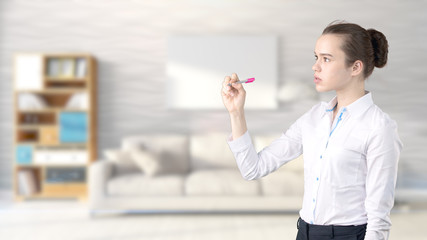 Young beautiful business woman and creative designer standing over blured interior background