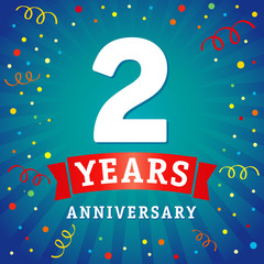 2 years anniversary logo celebration card. 2th years anniversary vector background with red ribbon and colored confetti on blue flash radial lines