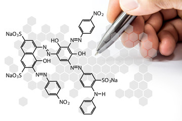 Chemical net with hand sign on hexagon shape on white background