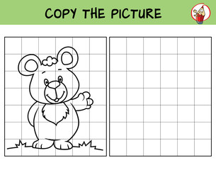 Fototapeta premium Cute little bear. Copy the picture. Coloring book. Educational game for children. Cartoon vector illustration