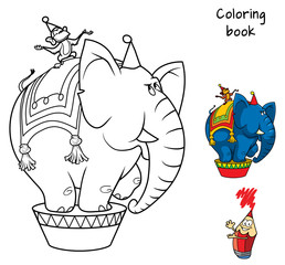 Circus elephant and monkey. Coloring book. Cartoon vector illustration