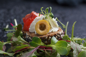 Delicious canape with salmon, cottage cheese, olive with micro greens on a dark background. Cold...