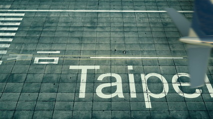 Aerial view of an airplane arriving to Taipei airport. Travel to Taiwan 3D rendering