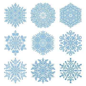 Set of light blue snowflakes. Fine winter ornament. Snowflakes collection. Snowflakes for backgrounds and designs