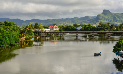 River scene with mountains background