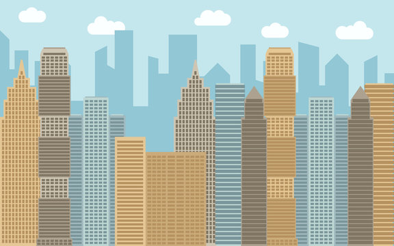 Vector urban landscape illustration. Street view with cityscape, skyscrapers and modern buildings at sunny day. City space in flat style background concept.
