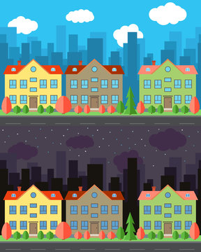 Vector city with two-story cartoon houses in the day and night. Summer urban landscape. Street view with cityscape on a background
