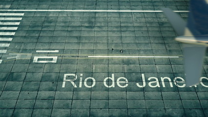 Aerial view of an airplane arriving to Rio de Janeiro airport. Travel to Brazil 3D rendering