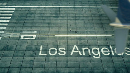 Aerial view of an airplane arriving to Los Angeles airport. Travel to United States 3D rendering