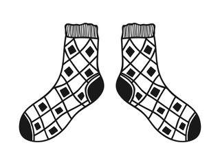 Doodle socks. Black and white illustration for coloring book, pages.