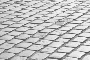 cobblestone road in Paris in black and white