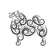 Openwork smiling dog silhouette made of separate elements spirals and swirls. Stylized samoyed husky. Symbol of the year 2018. Vector illustration.
