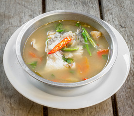 Food asian. Thai fish soup in dish.
