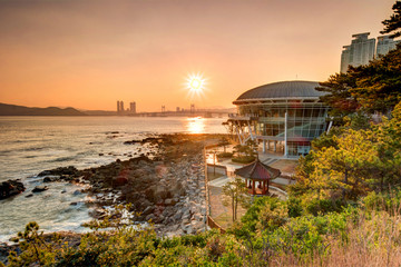 The nurimaru apec house at sunset. Korea. Busan.