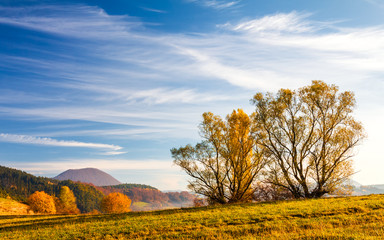 Naklejka premium Autumn mountainous landscape with trees in the foreground, north of Slovakia, Europe.