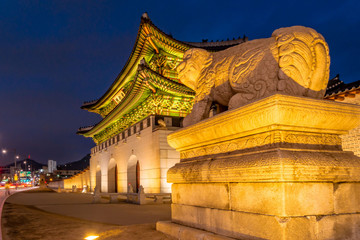 South Korea. Night view of Seoul Gwanghwamun.