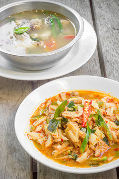 Thai food red curry pig with bamboo shoots and fish soup.