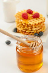 Homemade waffles with berries in plate on grey table