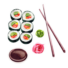 sushi set, watercolor illustration for menu, sushi bar or delivery design